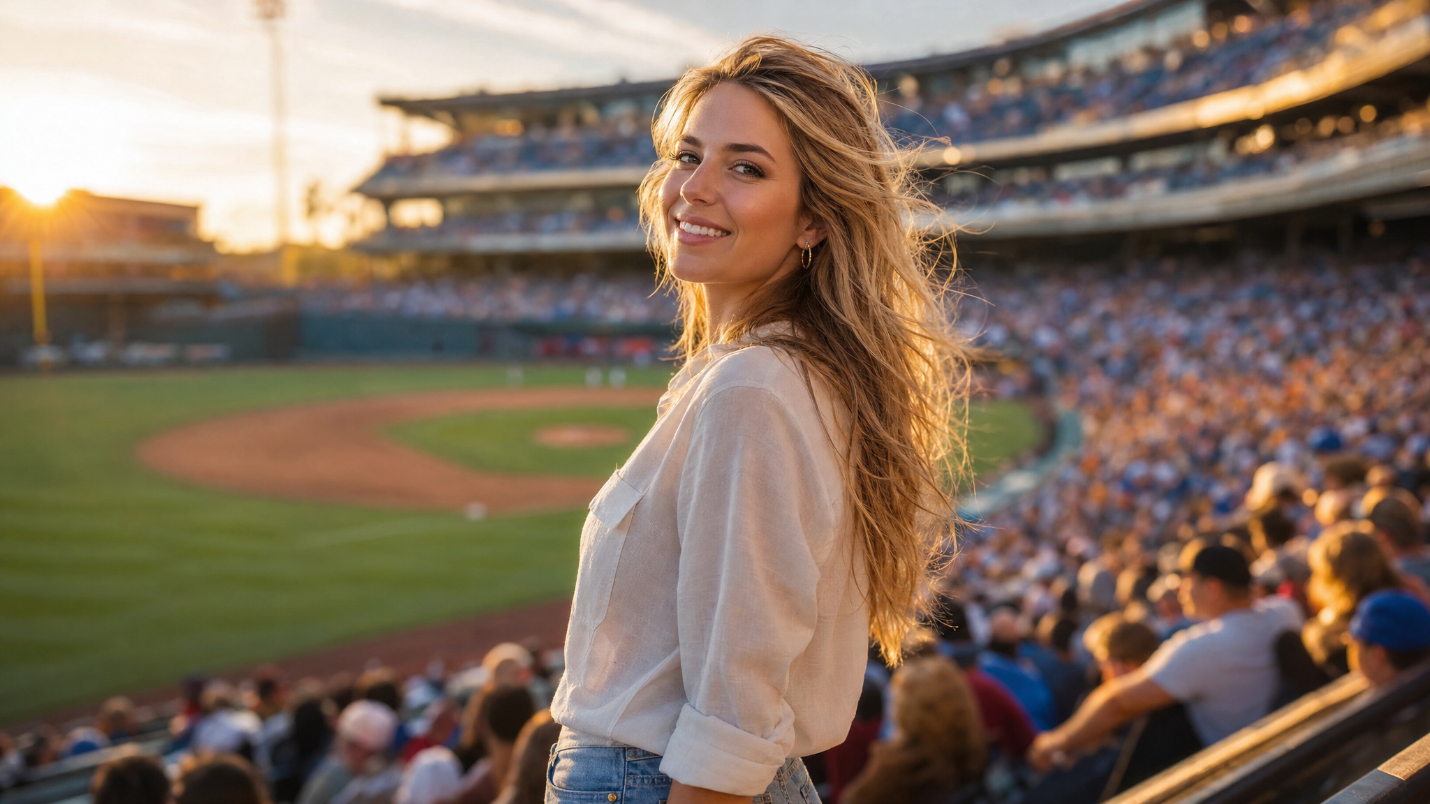 Night baseball game broadcast scene with mixed blue and amber stadium lighting