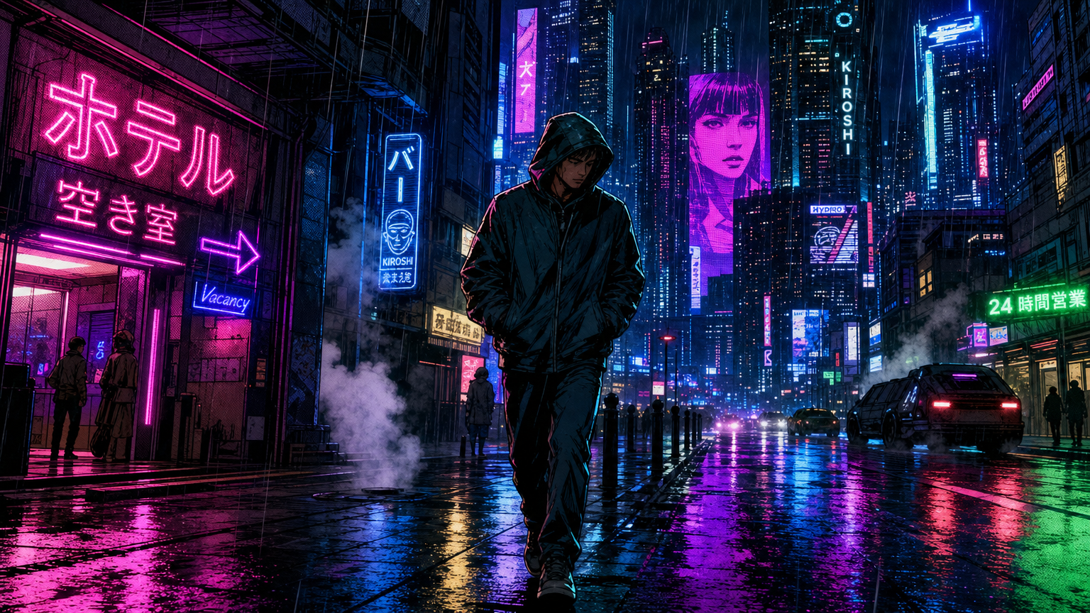 AI comic book maker cyberpunk example with neon cityscape and futuristic characters