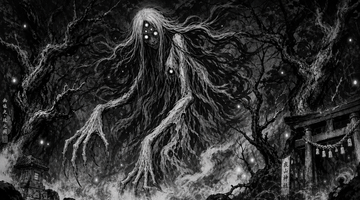 AI comic book maker yokai horror example with monster and atmospheric shadows