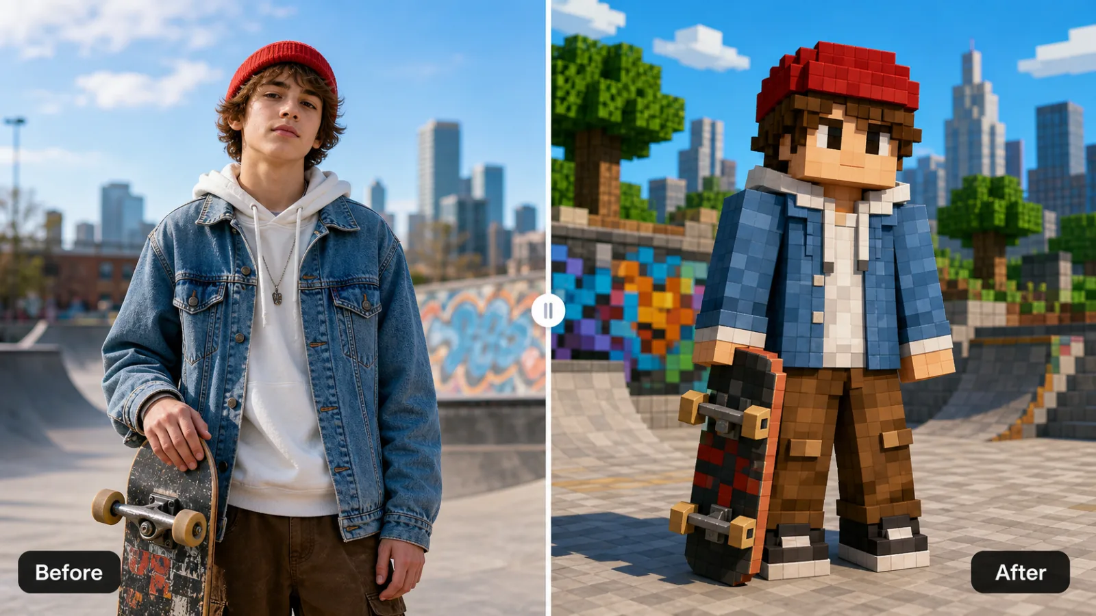 Minecraft skin generator AI before and after skateboarder voxel skin preview