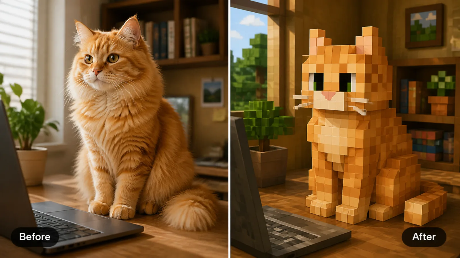 AI Minecraft skin generator from image cat photo to voxel pet avatar preview