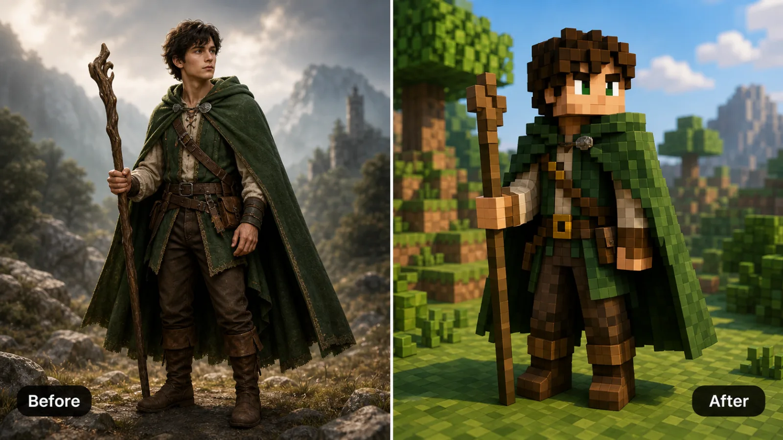 AI Minecraft skin generator game character before and after voxel skin comparison