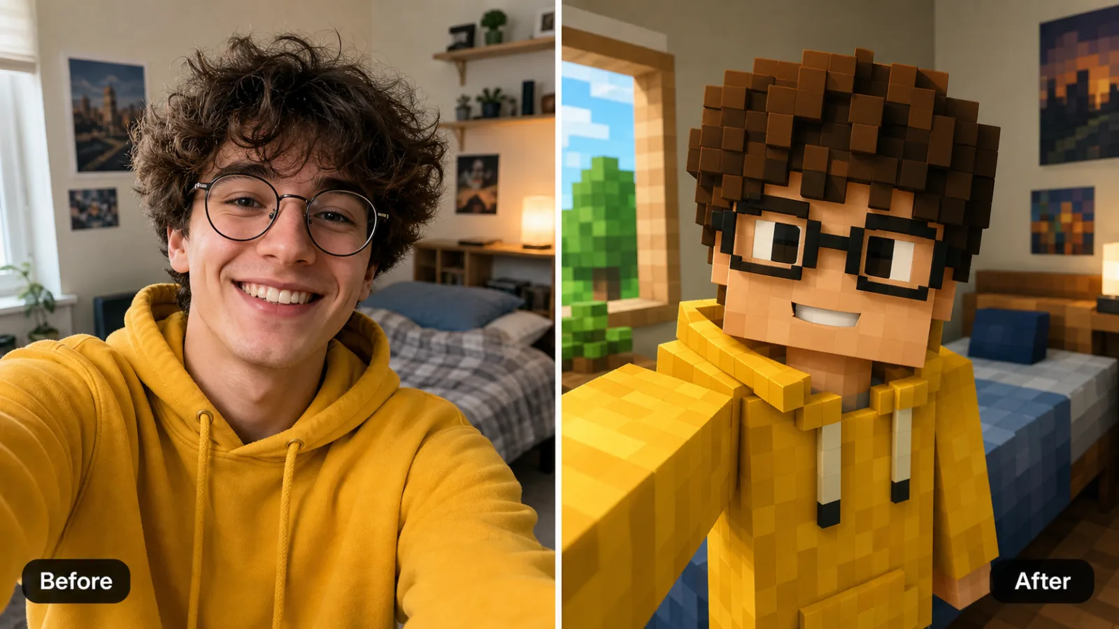 AI Minecraft skin generator from selfie to blocky avatar before and after preview
