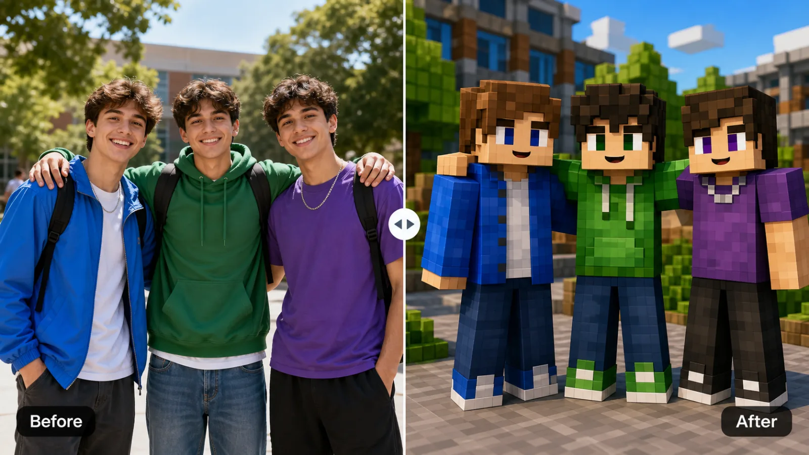 AI Minecraft skin generator team skin before and after voxel comparison