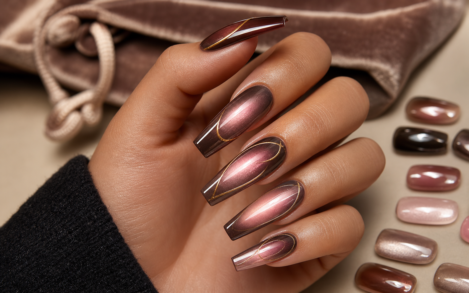 Collage showing text prompts turning into AI-generated nail design previews
