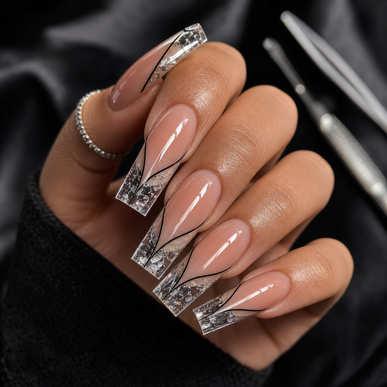 3D sculpted floral nail art with white petals and pearl centers on nude base