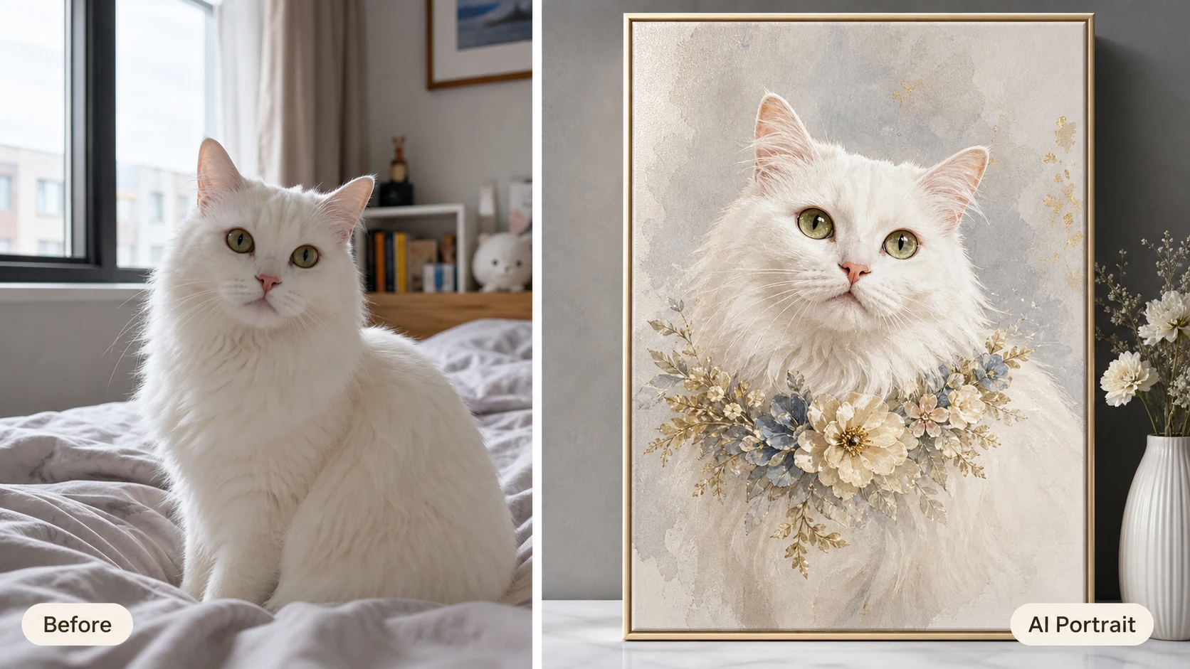 AI dog portrait example showing a white Pomeranian snapshot transformed into a pastel custom pet portrait