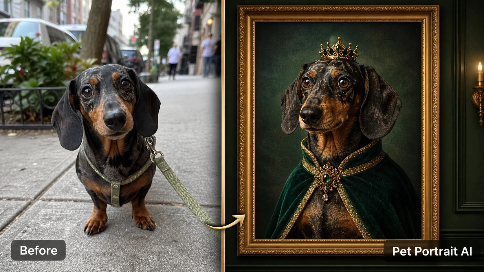 AI pet portrait generator example showing a dachshund transformed into a refined custom dog portrait