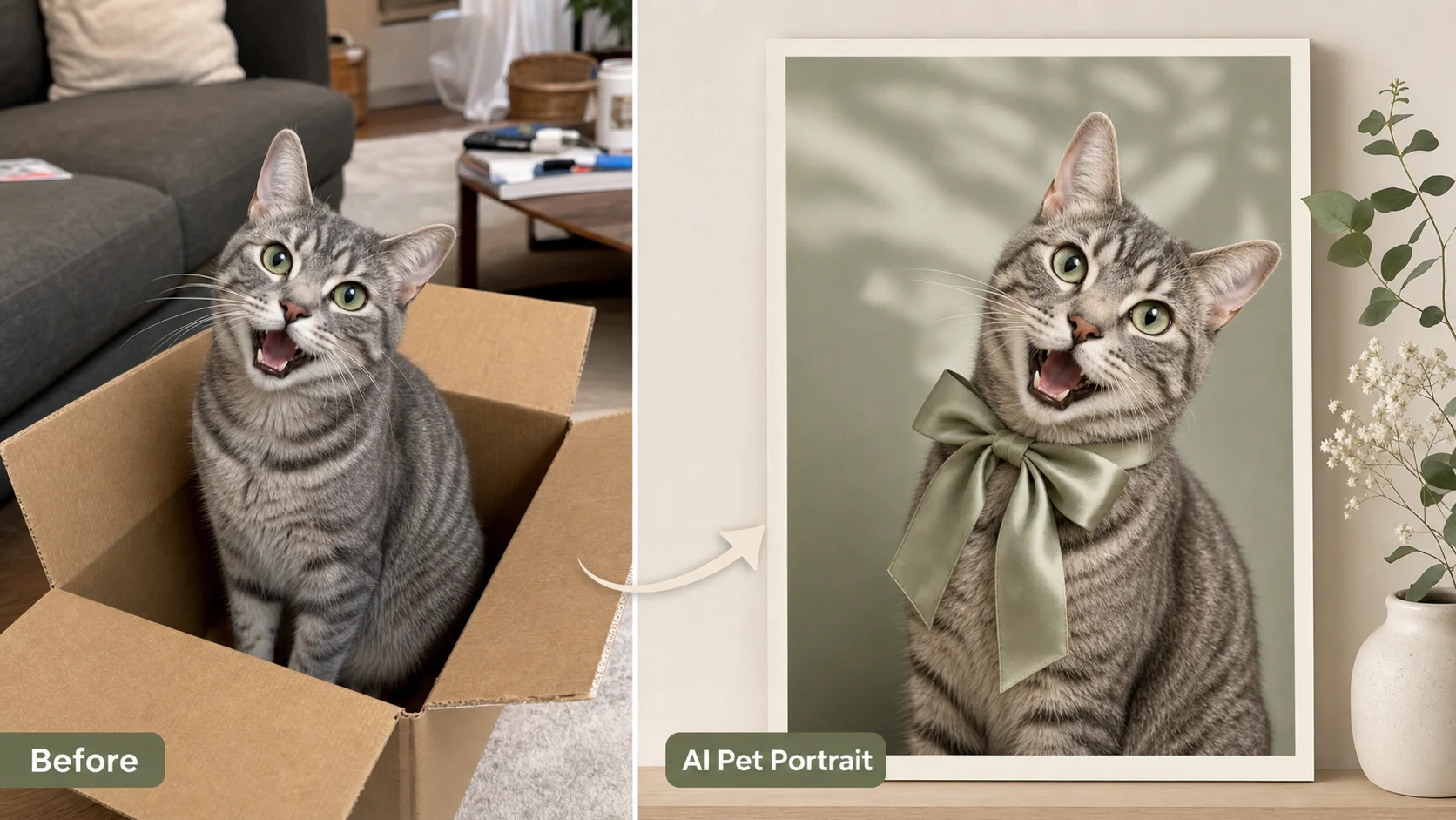 Pet portrait AI example showing a ginger cat transformed into a terracotta gallery portrait