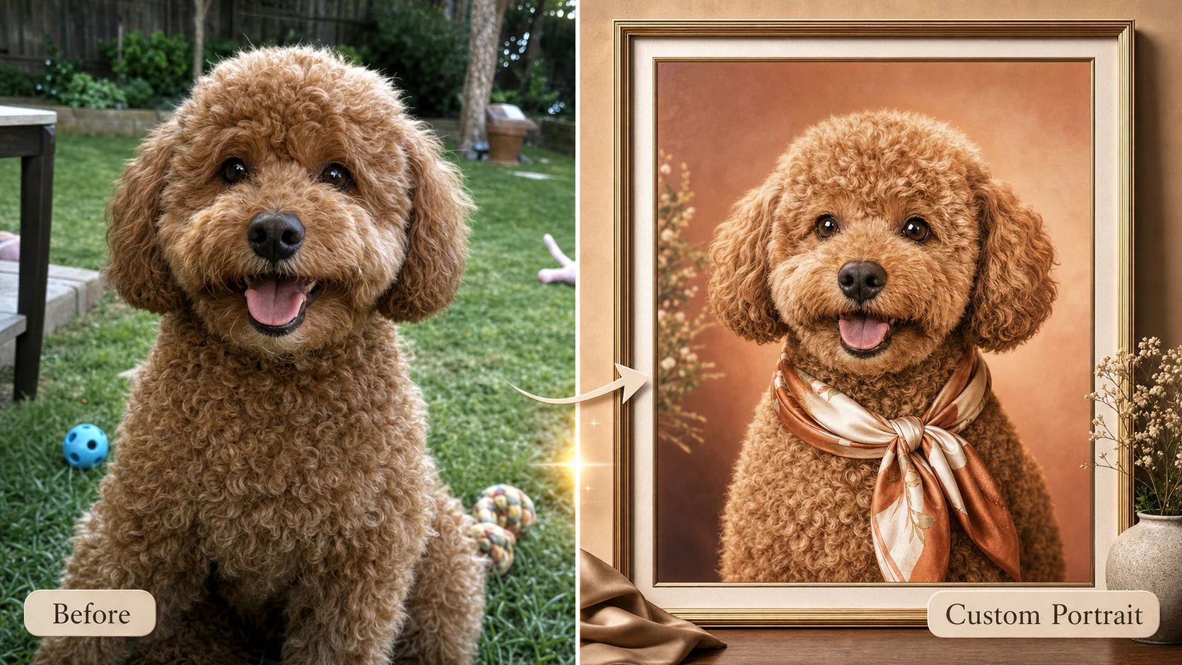 AI pet portrait generator example showing a spotted rescue dog transformed into navy wall art