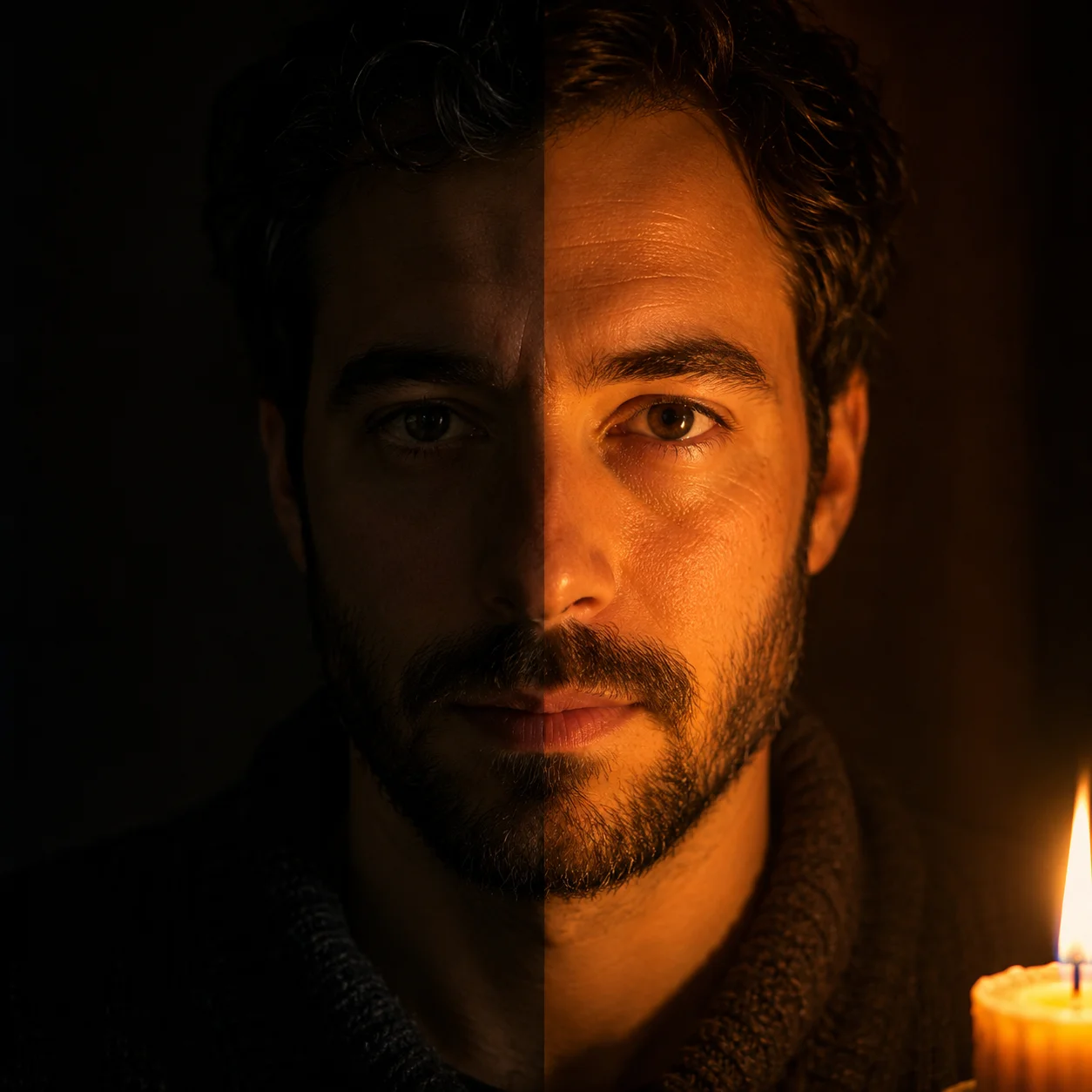 AI photo relight using candle light effect on a portrait, showing warm golden tones and soft shadows