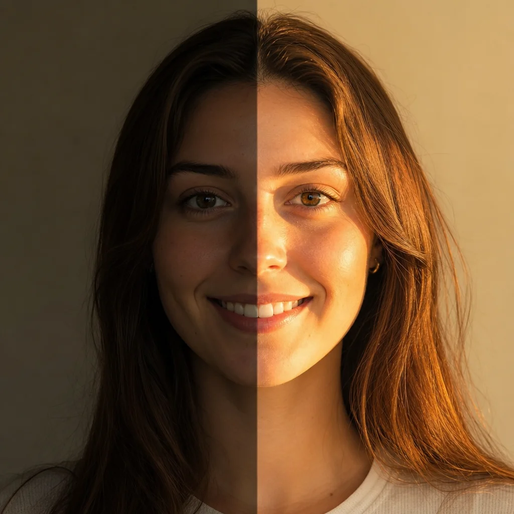 AI photo relight with natural golden hour sunlight, warm tones and soft natural shadows