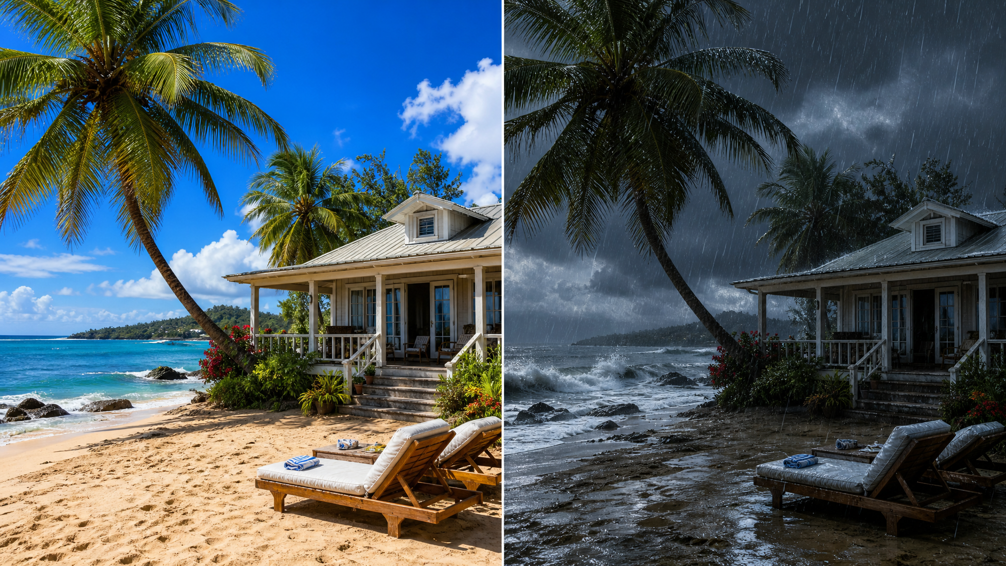 AI rain effect on a beach house scene showing rain falling over the scene with realistic rain.