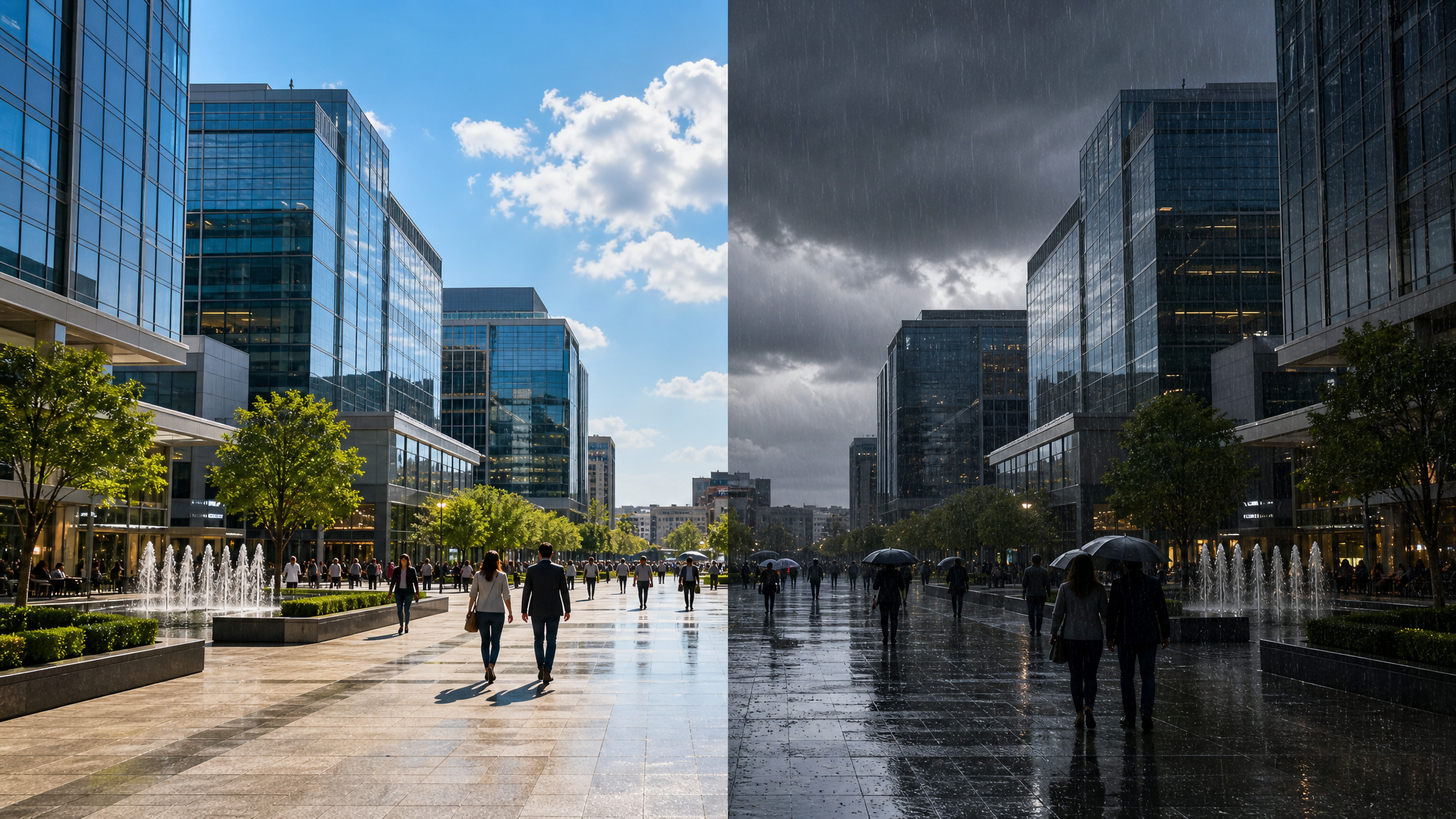 AI rain effect on a modern city plaza showing wet reflective ground and glass buildings.