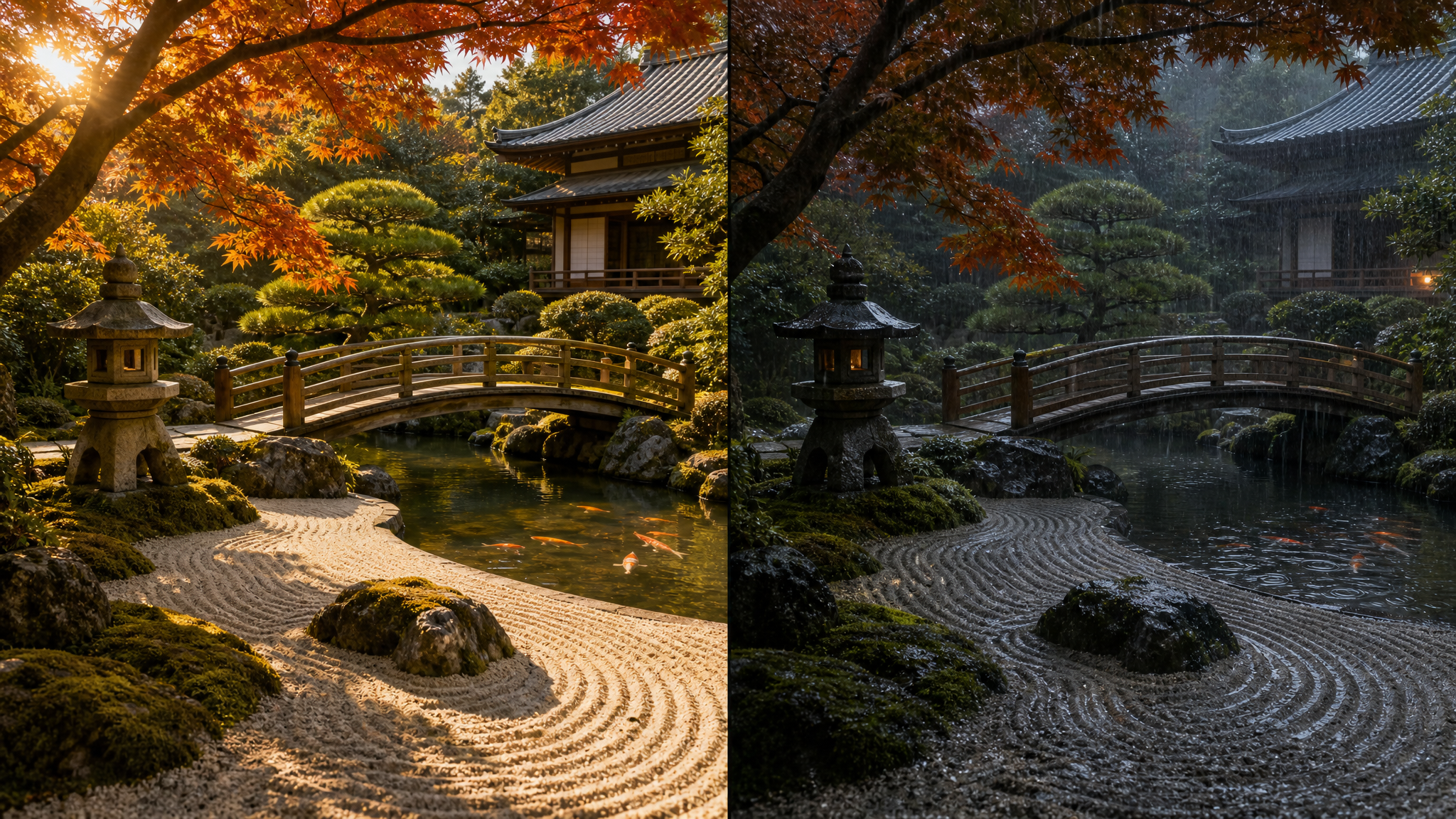 AI rain effect on a Japanese garden showing rain over a koi pond with wet stone pathways.
