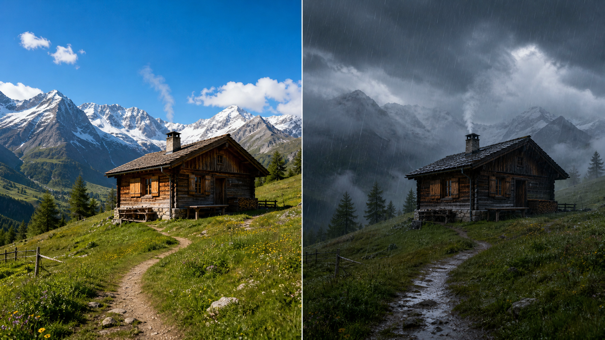 AI rain effect on a mountain cabin scene showing rain and mist in an alpine landscape.