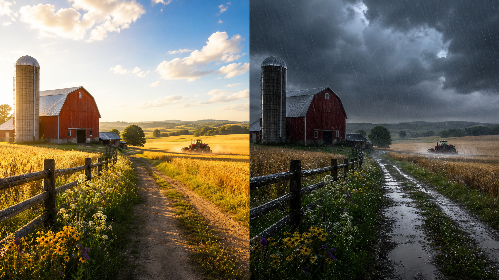 AI rain effect on a countryside farm showing rain falling over fields and wet rural landscape.