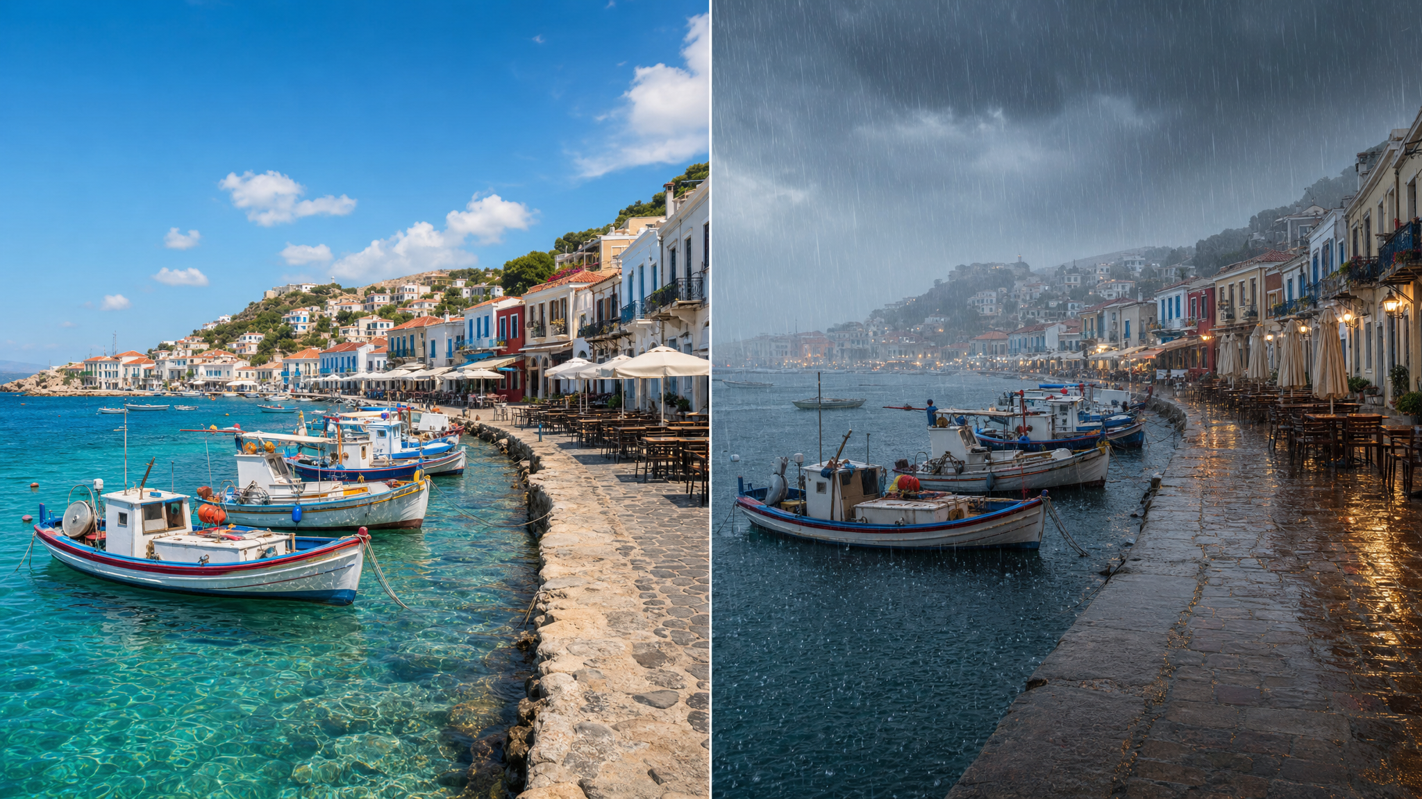AI rain effect on a Mediterranean harbor showing rain over colorful boats and wet coastal streets.