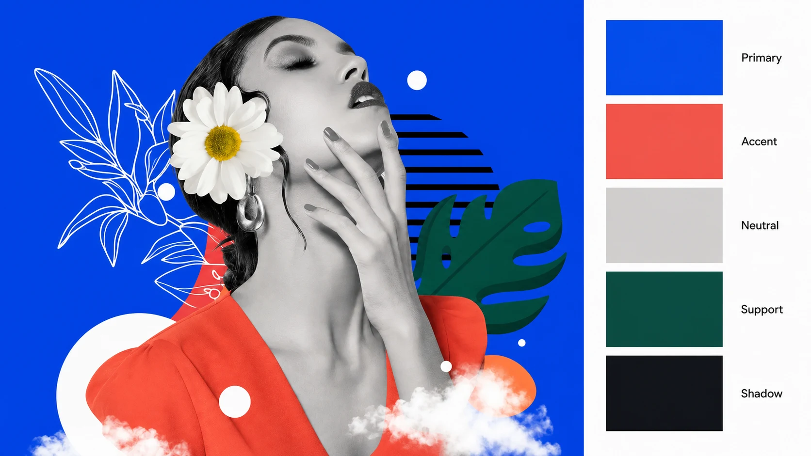 Color palette by image example using a fashion portrait with five large role labeled swatches on the right side