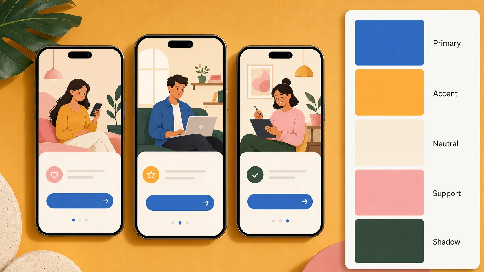 Color palette by image example for a UI moodboard with five role labeled swatches and no numeric color values