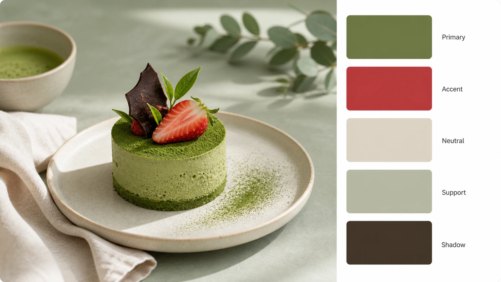 Color palette by image interior design example with a green chair, warm wood, and five role labeled swatches