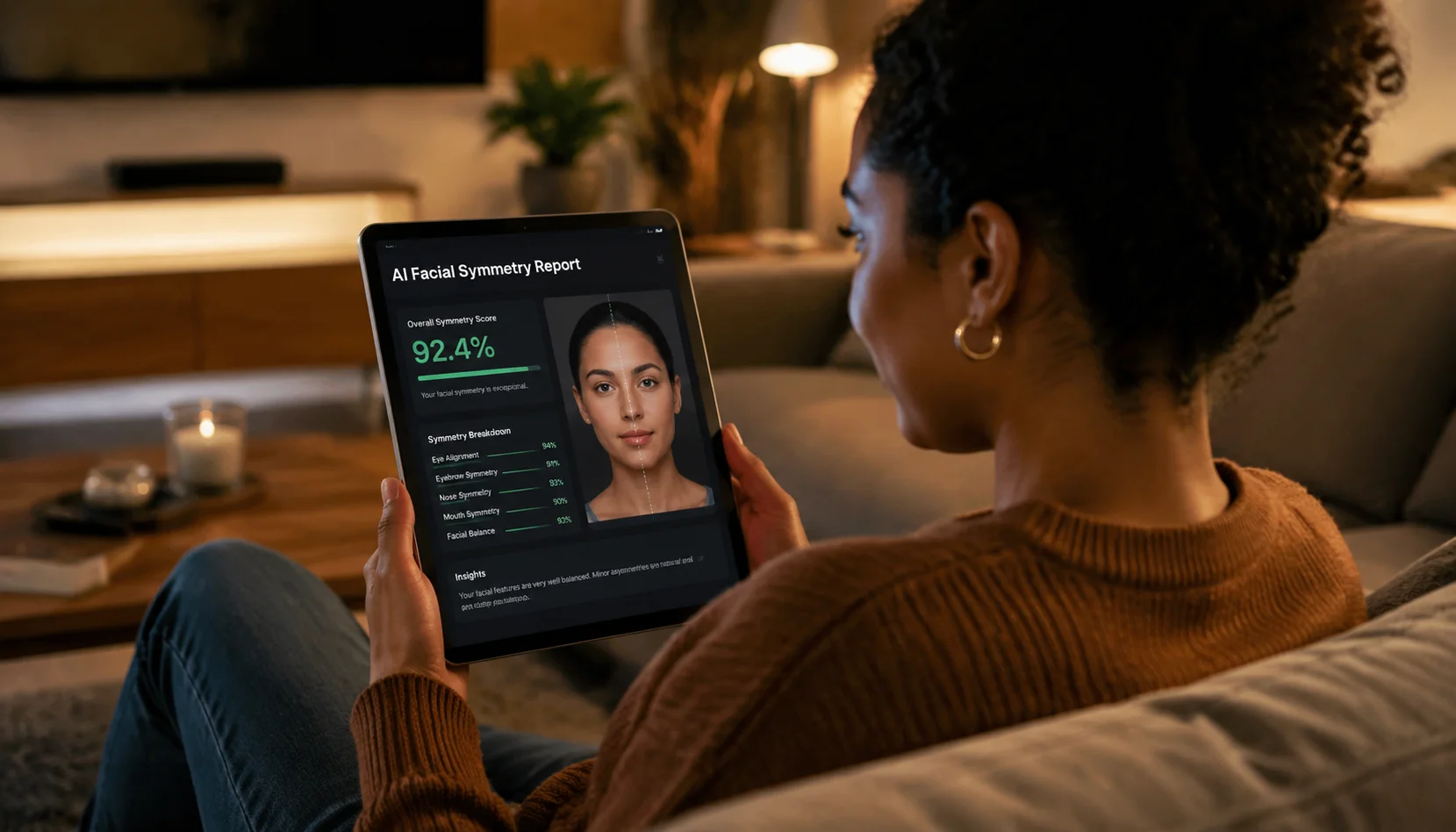 Well-lit portrait photo setup for AI facial symmetry analysis on a tablet