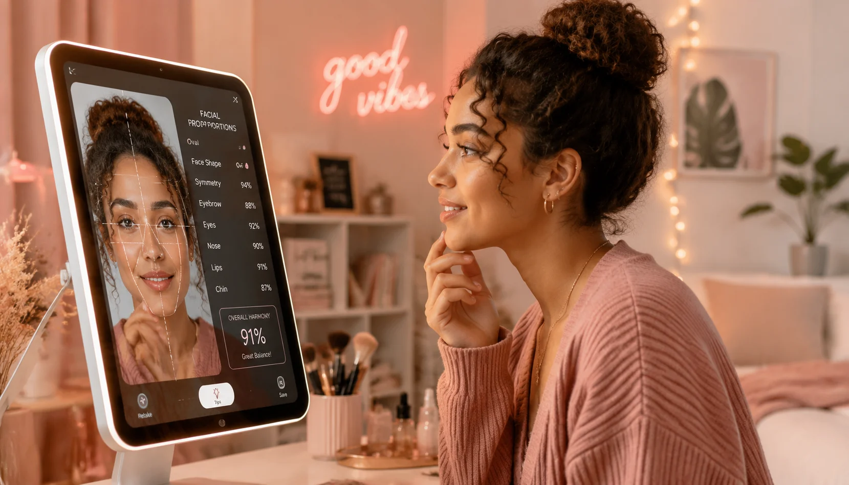 Person examining facial proportion guidelines on a digital styling interface