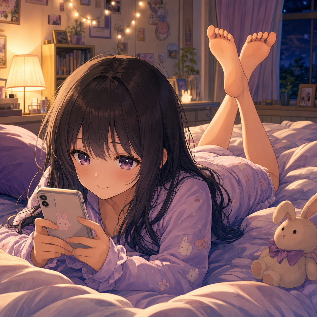 Anime feet illustration showing a girl relaxing on a bed with bare feet kicked up in the air