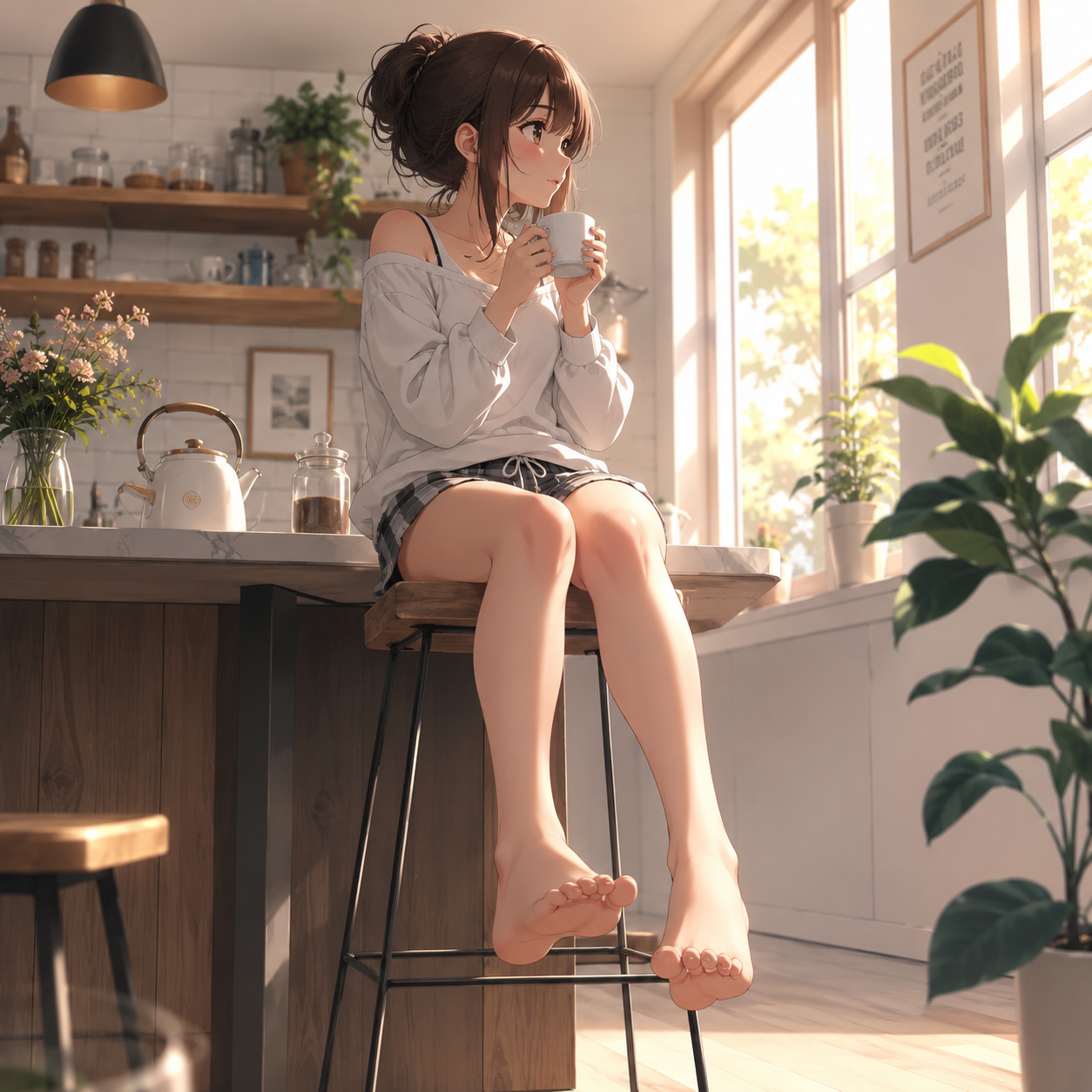 AI feet image generator anime illustration of a girl on a stool with dangling bare feet in kitchen morning light