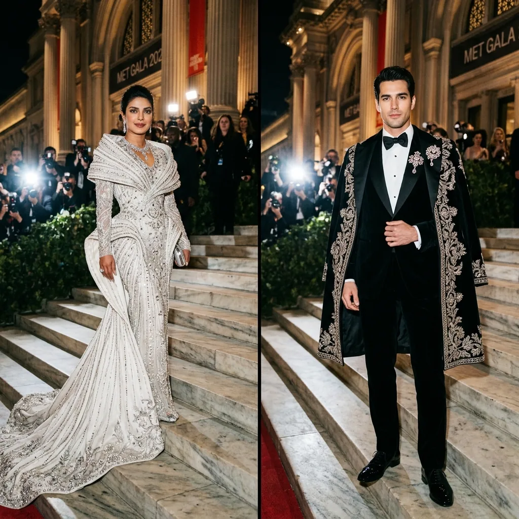 Met Gala prompt for men and women showing tuxedo and gown variants