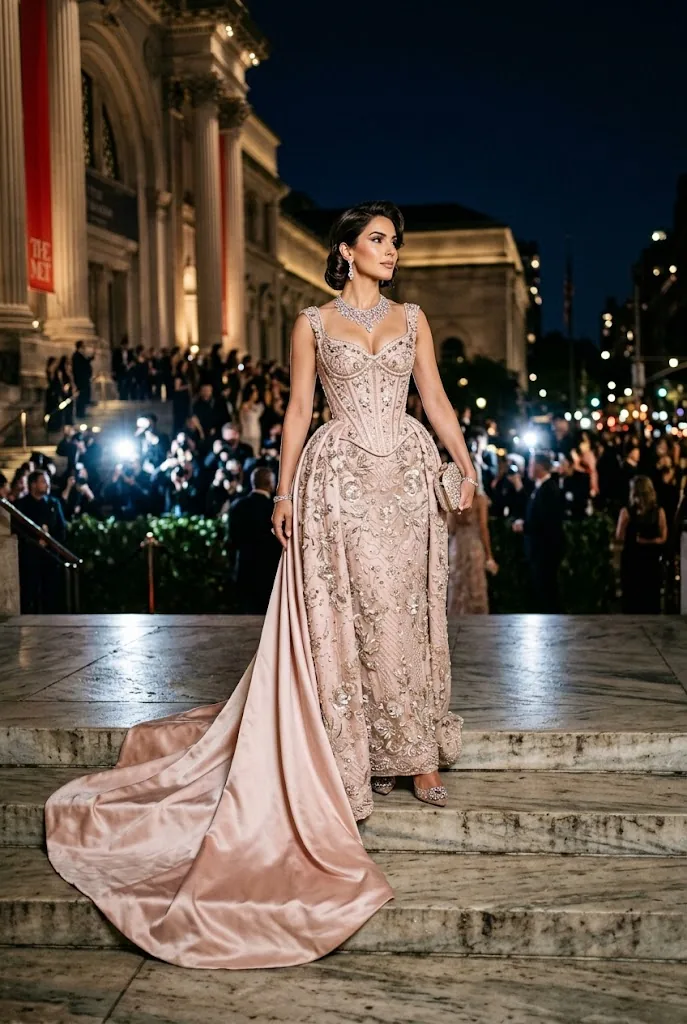 Met Gala AI prompt example with sculptural couture gown