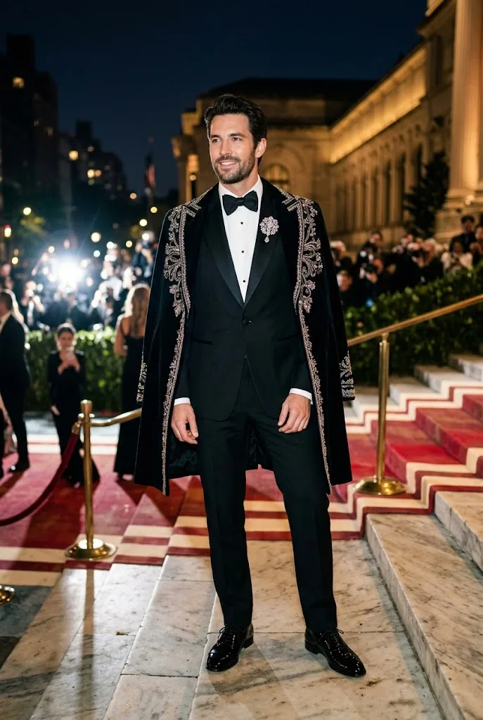 Met Gala prompt for men example with cape tuxedo on the red carpet