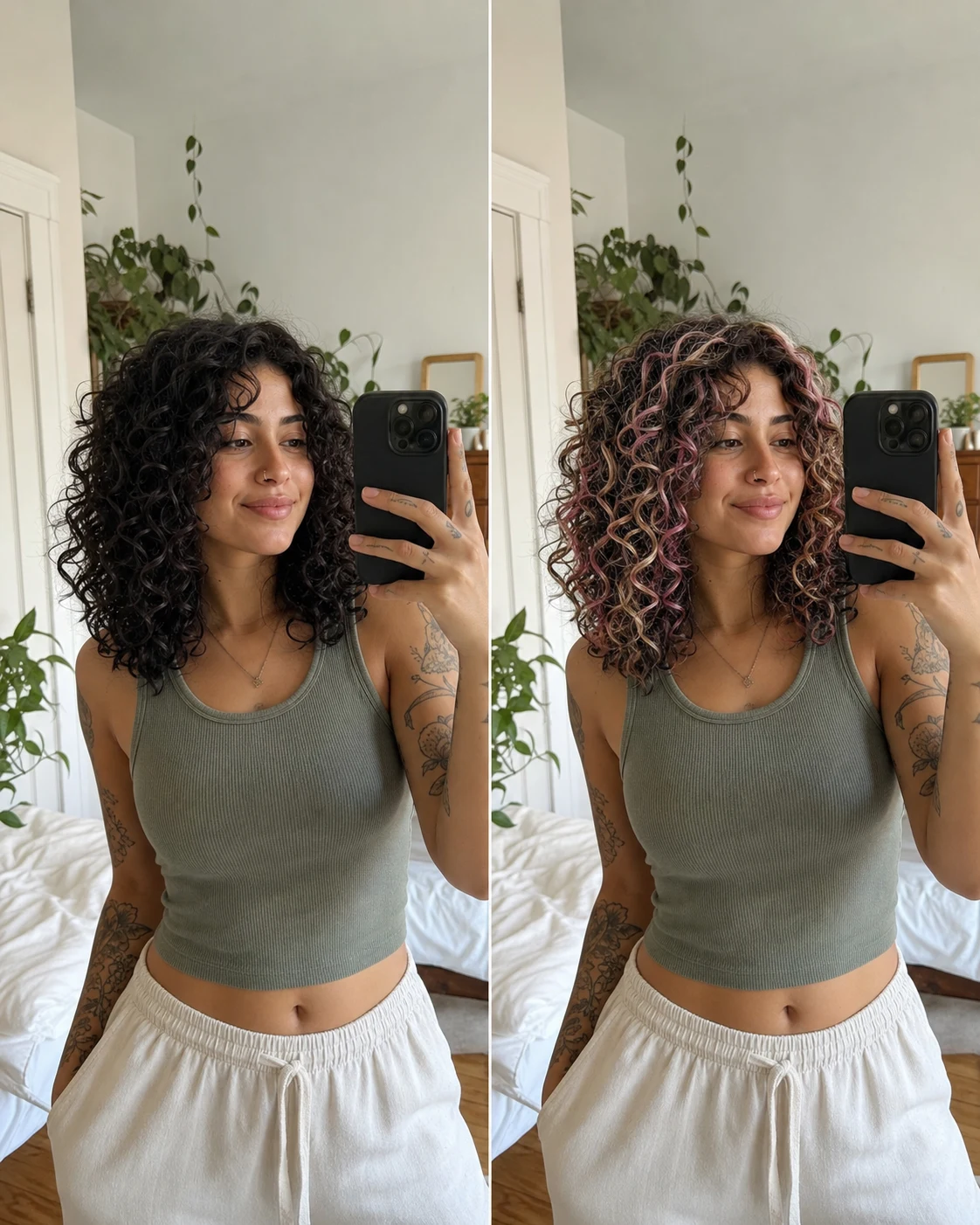 Curly neapolitan hair filter preview with strawberry pink vanilla blonde and chocolate brown ribbons