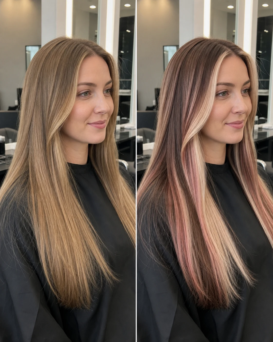 Neapolitan hair color filter on a sleek bob with pink brown and blonde color blocking