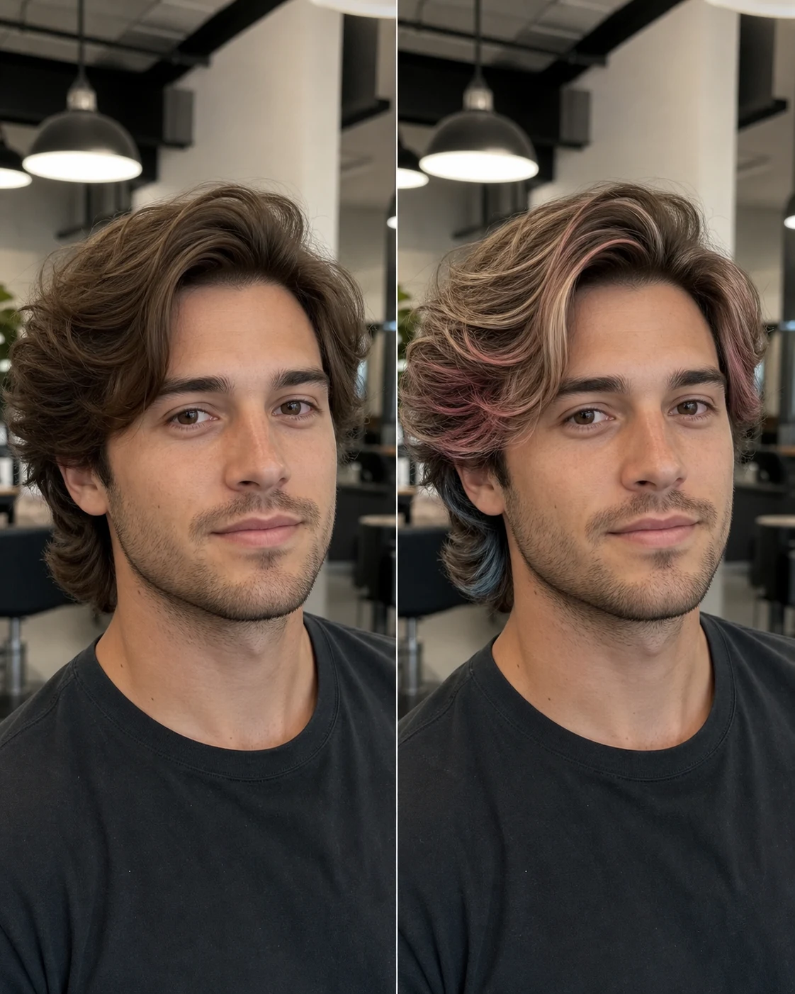 Neapolitan peekaboo hair preview with pink panels under brown and blonde waves