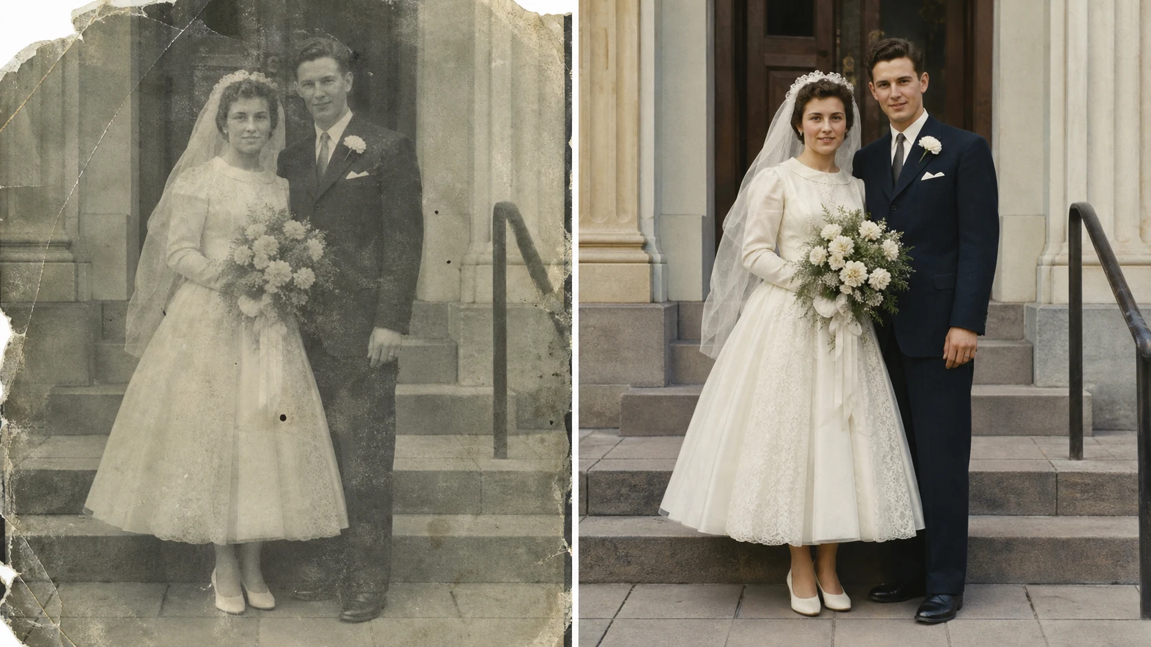 Old photo restorer and colorizer repairing a scratched wedding photo with natural period color