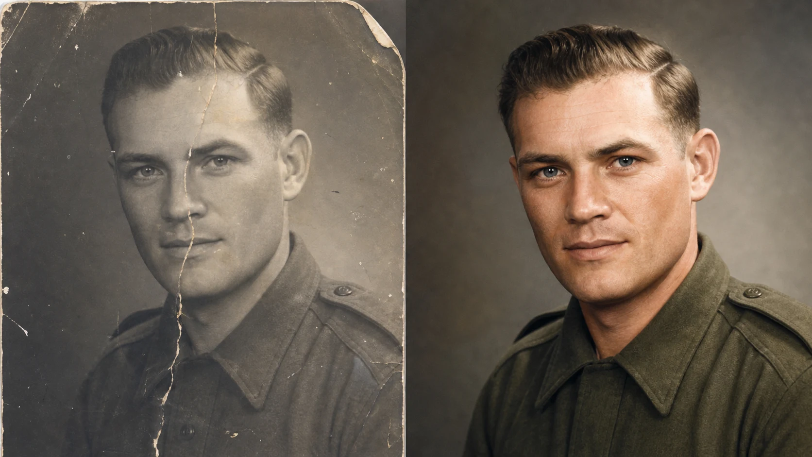 AI old photo restorer fixing a cracked vintage portrait while preserving identity