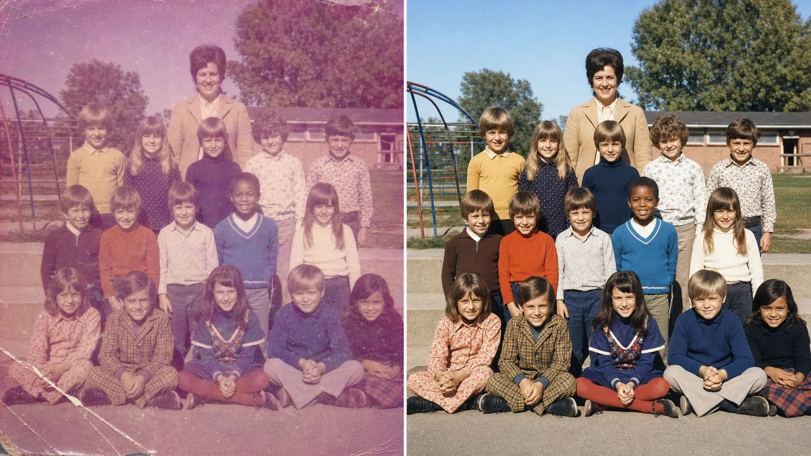 Old photo to new 4K online comparison restoring a faded school class photo