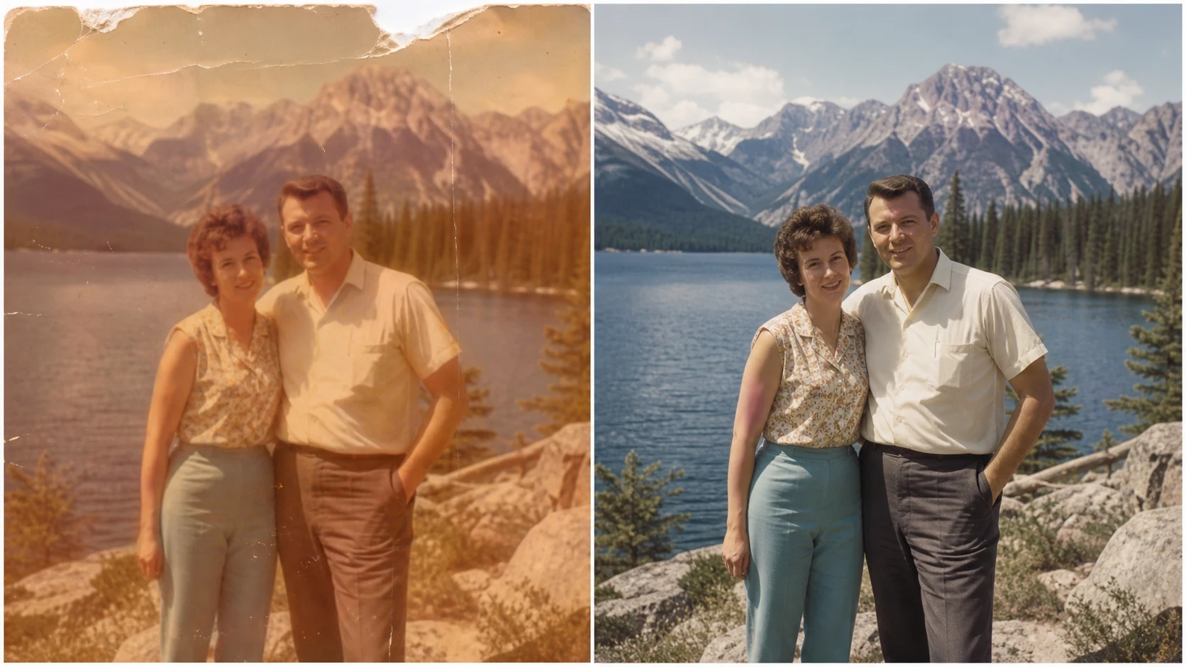 Old photo restorer online repairing a faded travel snapshot into natural color