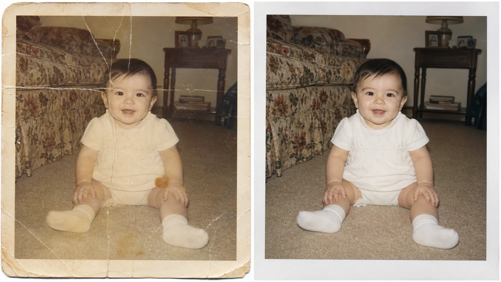 Best free old photo restorer online fixing a creased baby portrait with gentle color