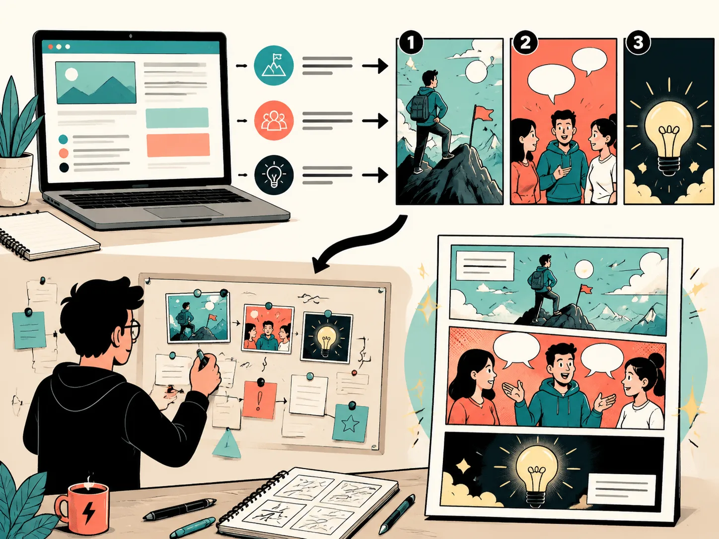 Webpage to comic storyboard example