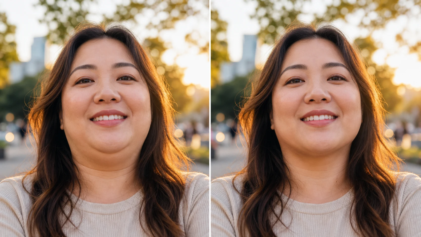 Before and after park portrait showing natural double chin photo editor result