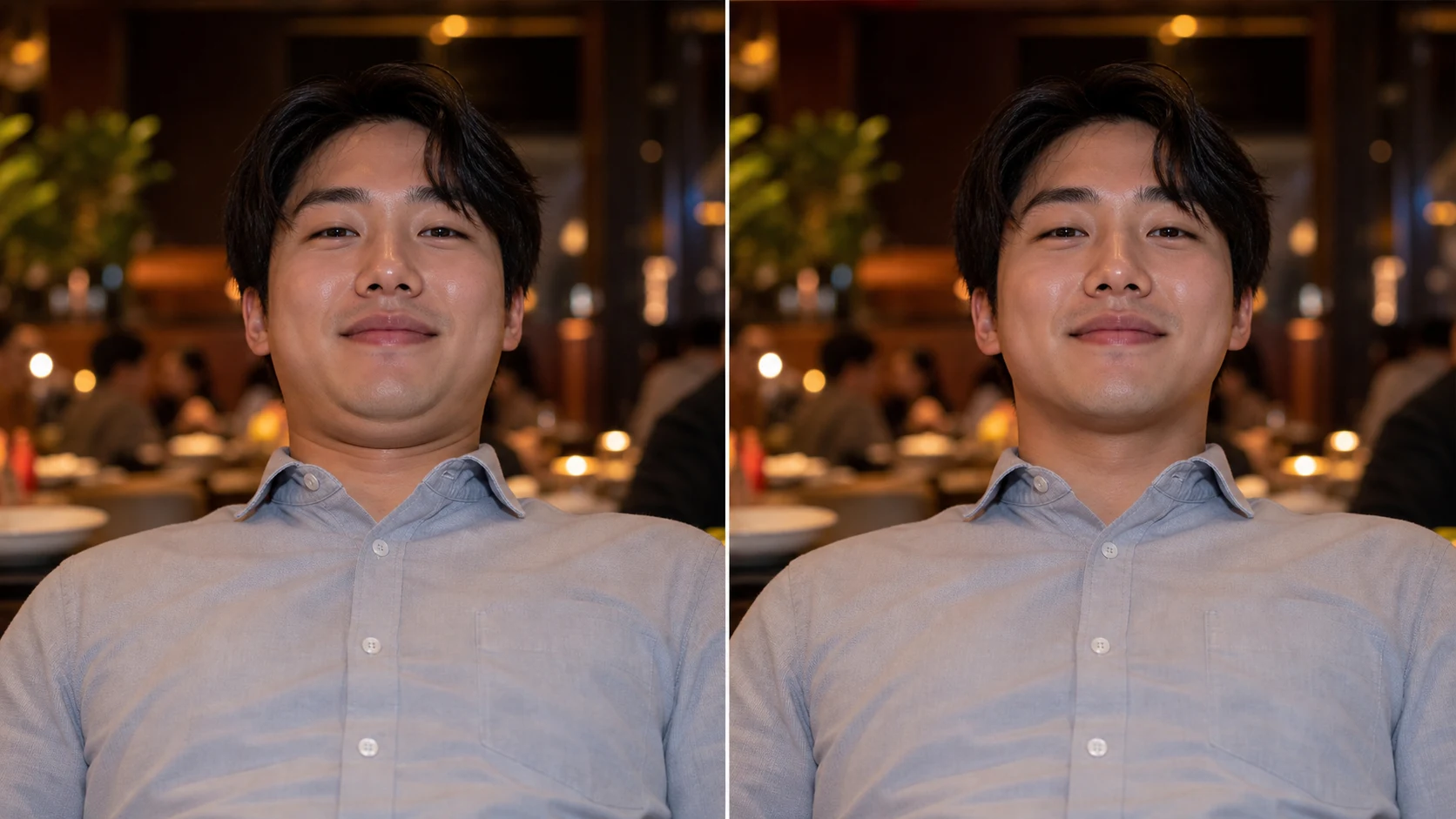 Before and after restaurant photo showing AI edit out double chin naturally