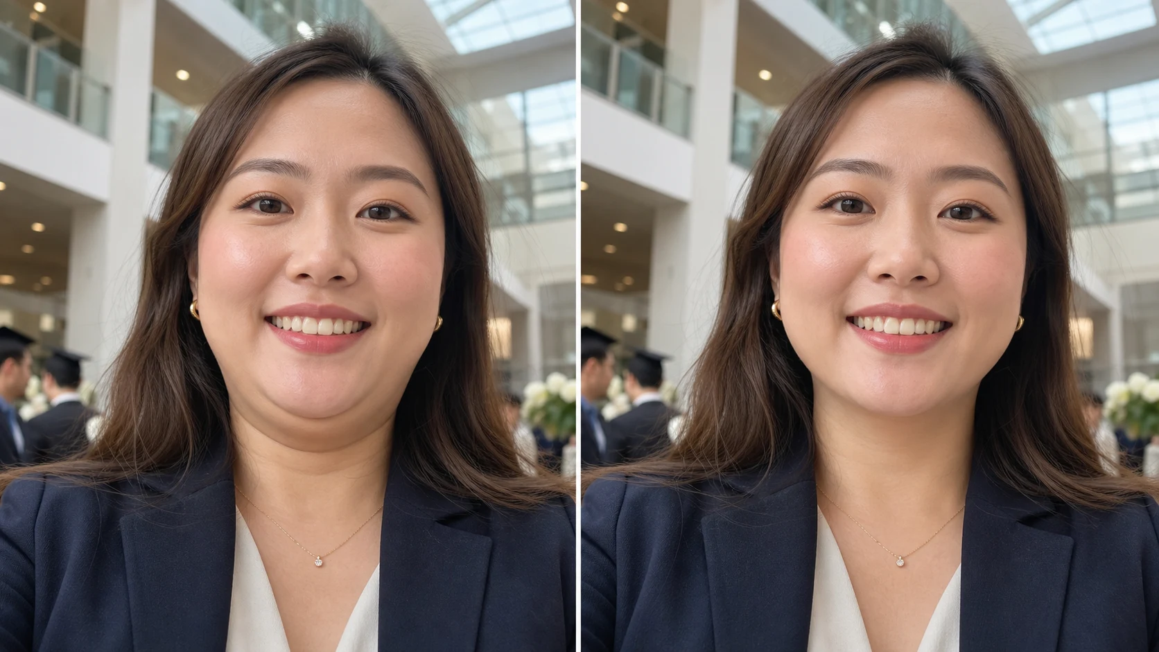 Before and after celebration portrait showing photo editor to get rid of double chin