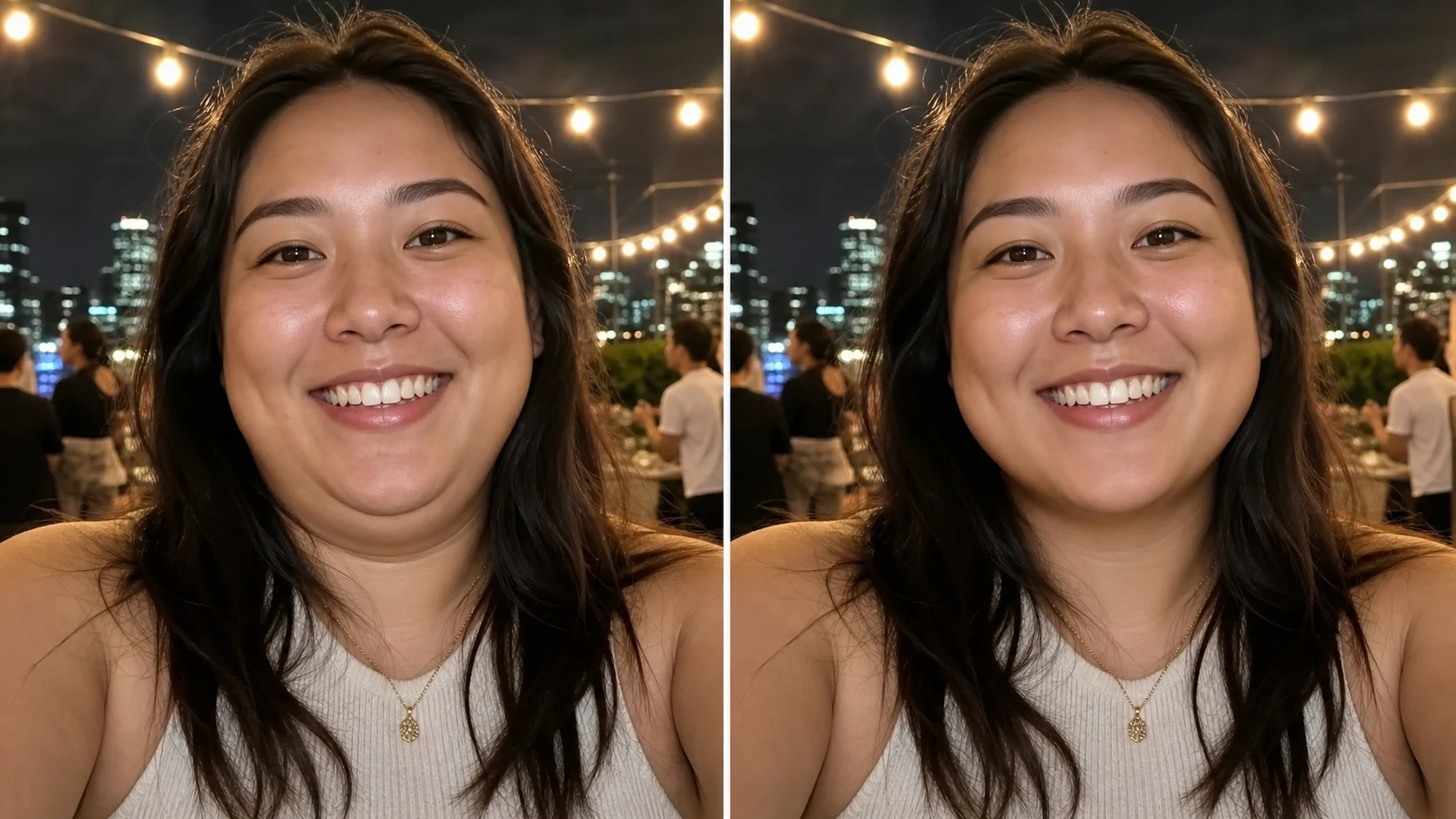 Before and after rooftop party portrait showing double chin picture remover example