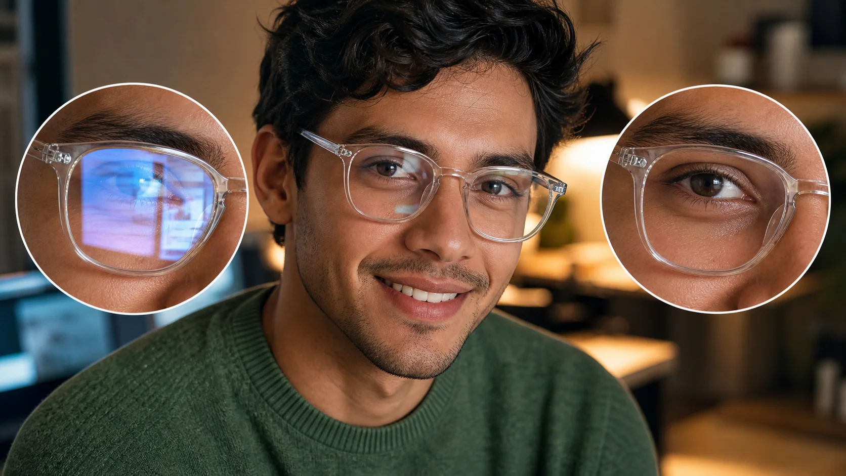 Lighting angle diagram showing optimal positioning to prevent glasses glare in portraits