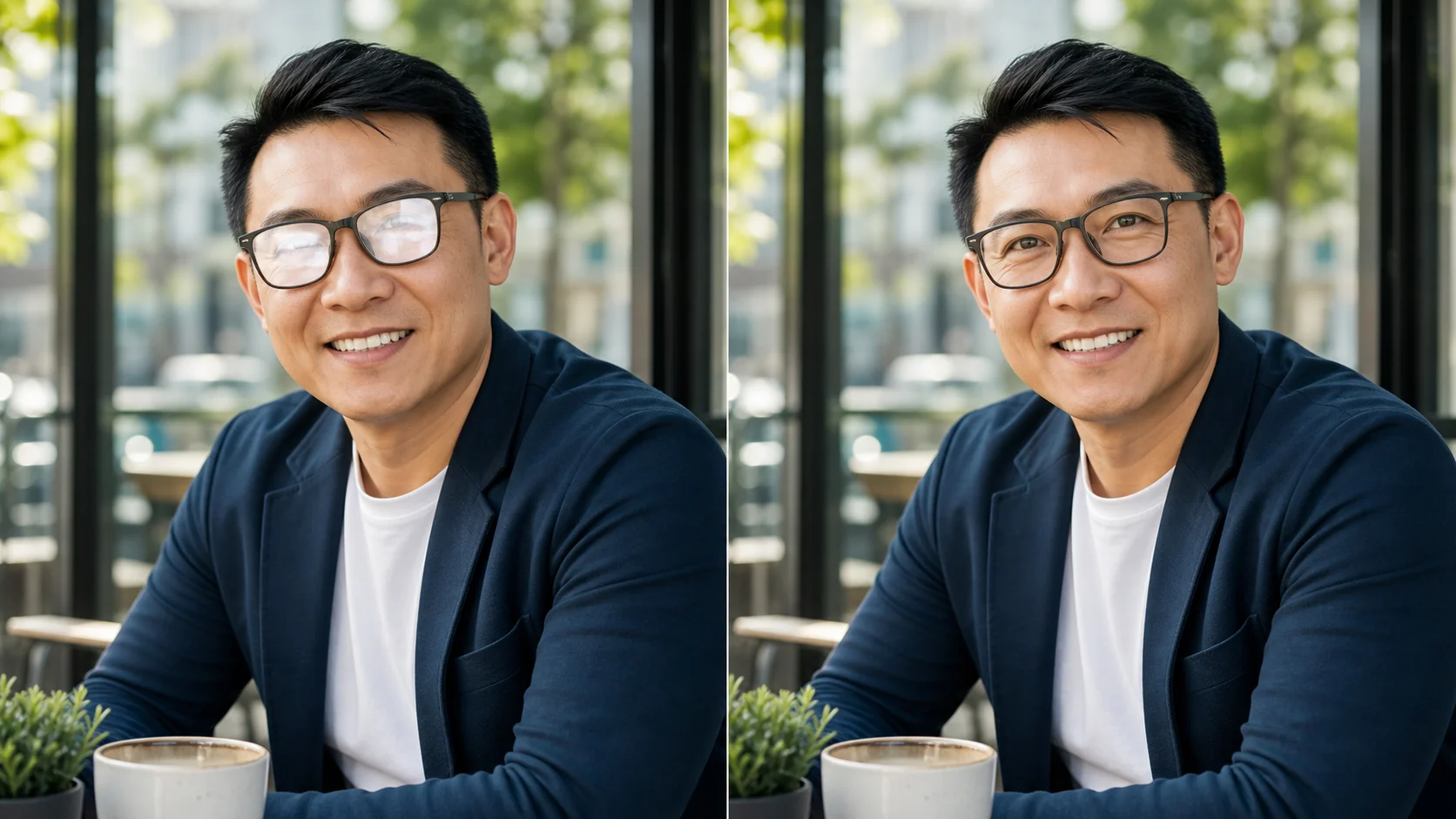 AI glasses glare removal tool showing how reflections are detected and removed from eyeglass lenses