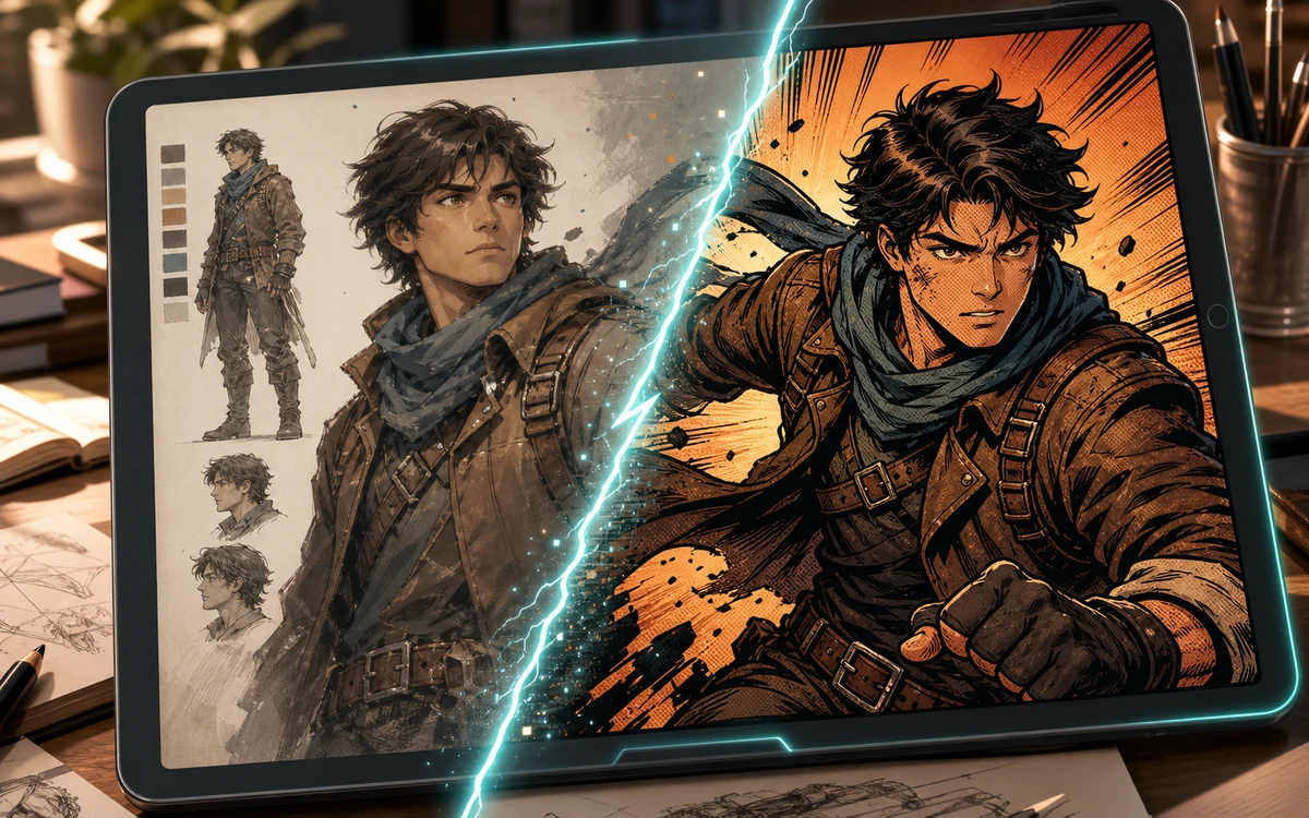 Character to comic conversion preview on a tablet with inked comic result