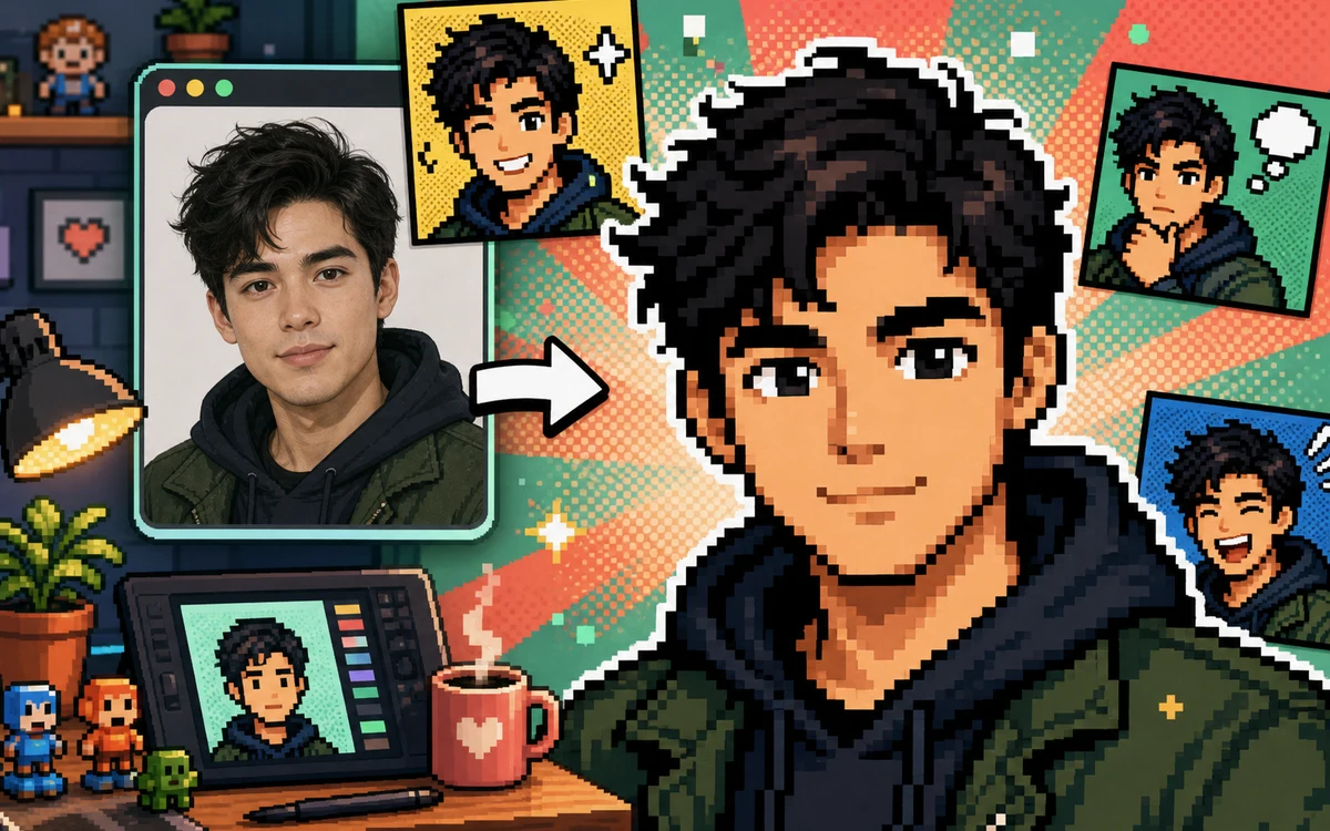 Pixel comic avatar conversion example for a portrait