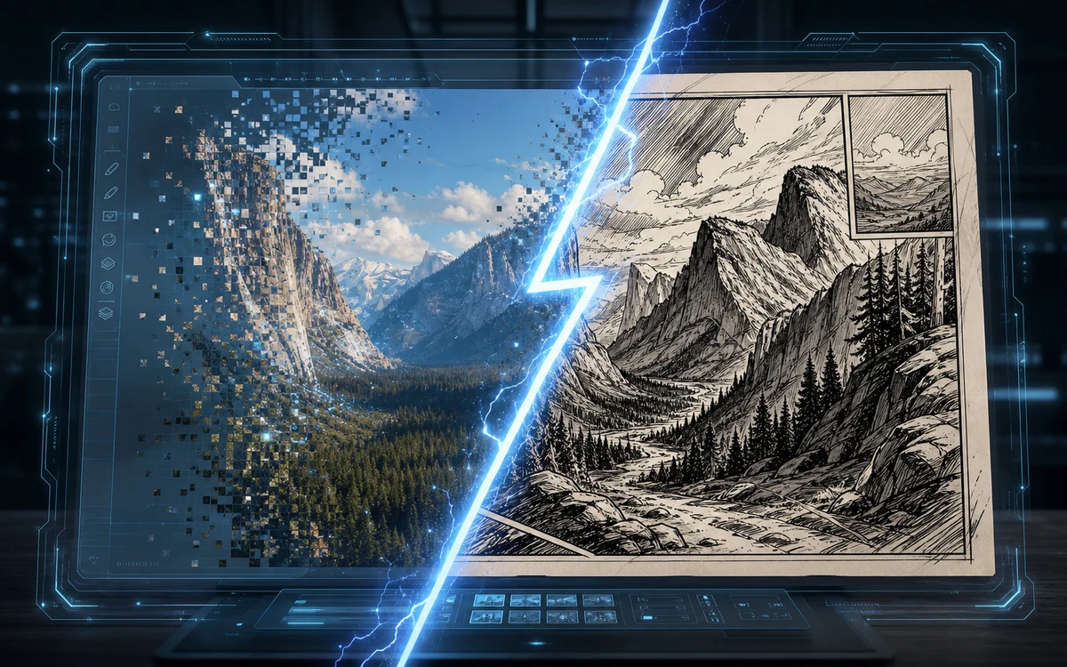 Screenshot to comic conversion with a digital photo becoming a hand drawn panel